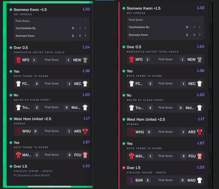 Comparison screenshot showing a parlay first settled as a win and later resettled as a loss